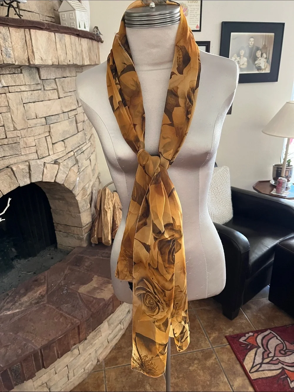 Tan Brown Floral Lightweight Nylon Scarf